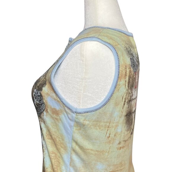 Vintage Y2K Blue Tan Rhinestone Graphic Tank 100% Cotton. Large. Western Artsy - Picture 8 of 11